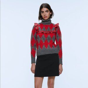 Zara Ruffled Argyle Turtleneck Mohair Blend Sweater, Red Grey, Sz Large, NWT